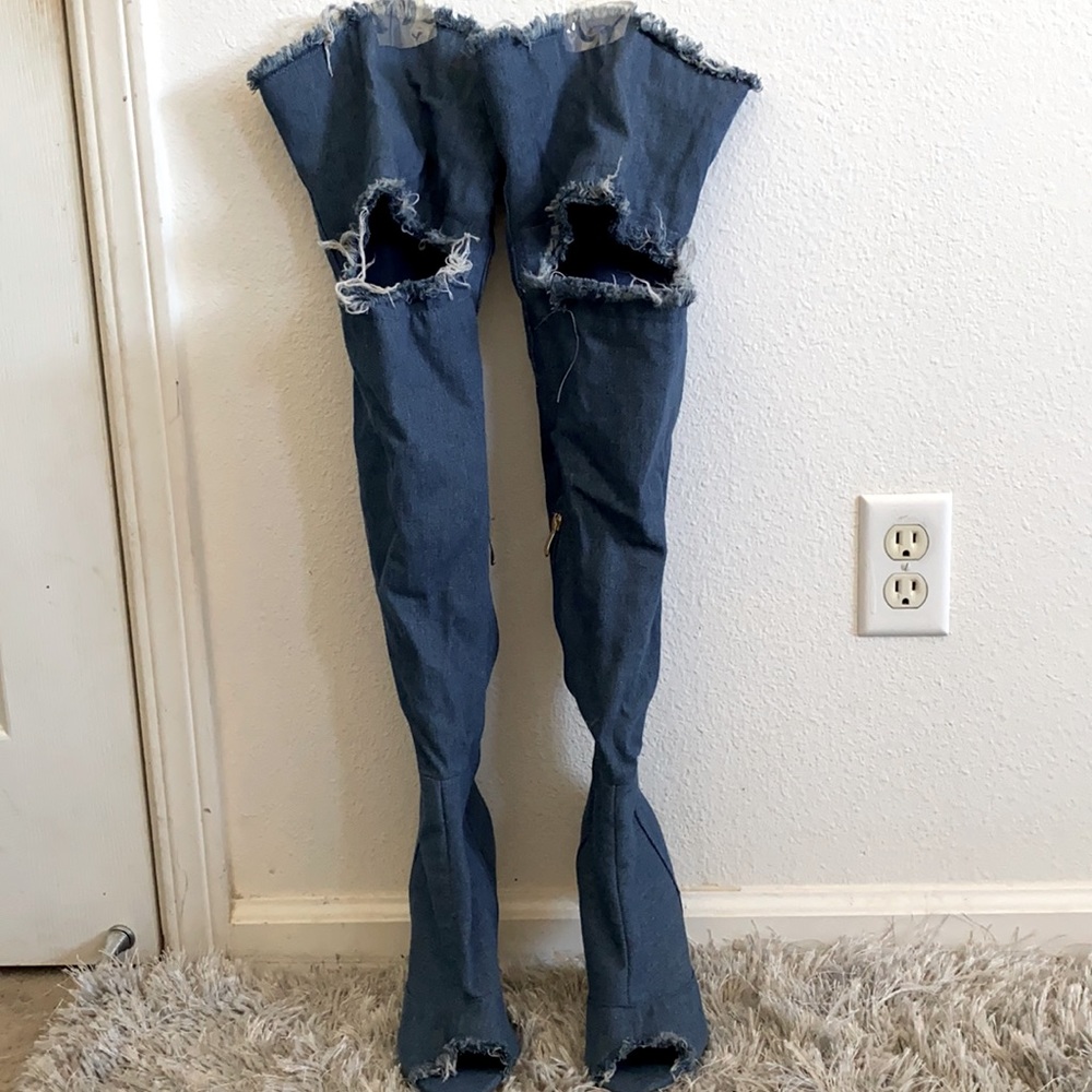 Ripped, denim thigh high boots. Never worn
